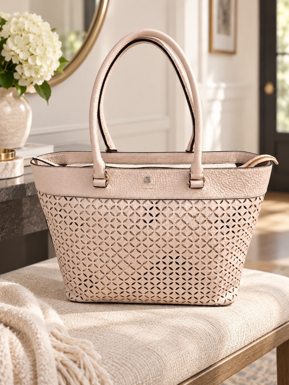 Kate Spade Perri Lane Huntington Pink Pebbled Leather Perforated Tote Bag